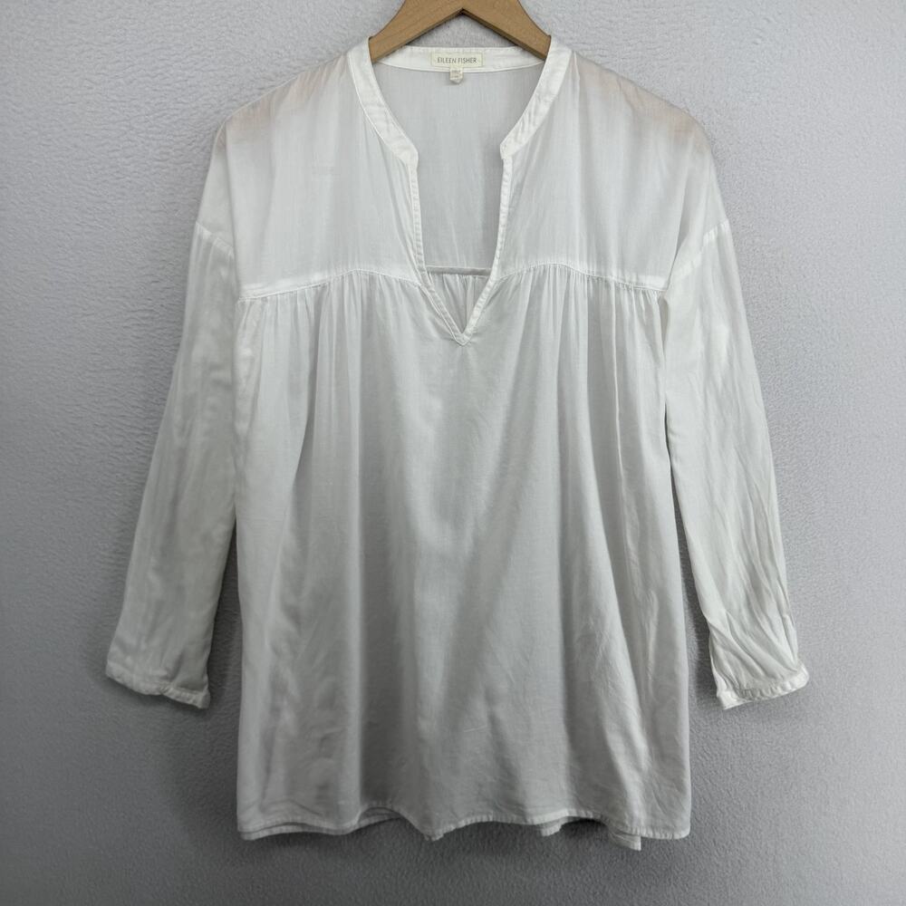 EILEEN FISHER Tunic M Organic Cotton Blouse Oversized Peasant Popover Whitei